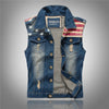 Vest for Men Spliced USA Flag Demin Waistcoat Mens Jackets Fashion Boy Jeans Streetwear Casual Biker Vintage Frayed Pocket Coats