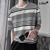 Casual Black and White Stripe Short Sleeve  Loose Round Neck  T-shirt