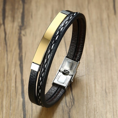 Mens Leather  Bracelets  Customizable Stainless Steel Bar For Engraving Bangles